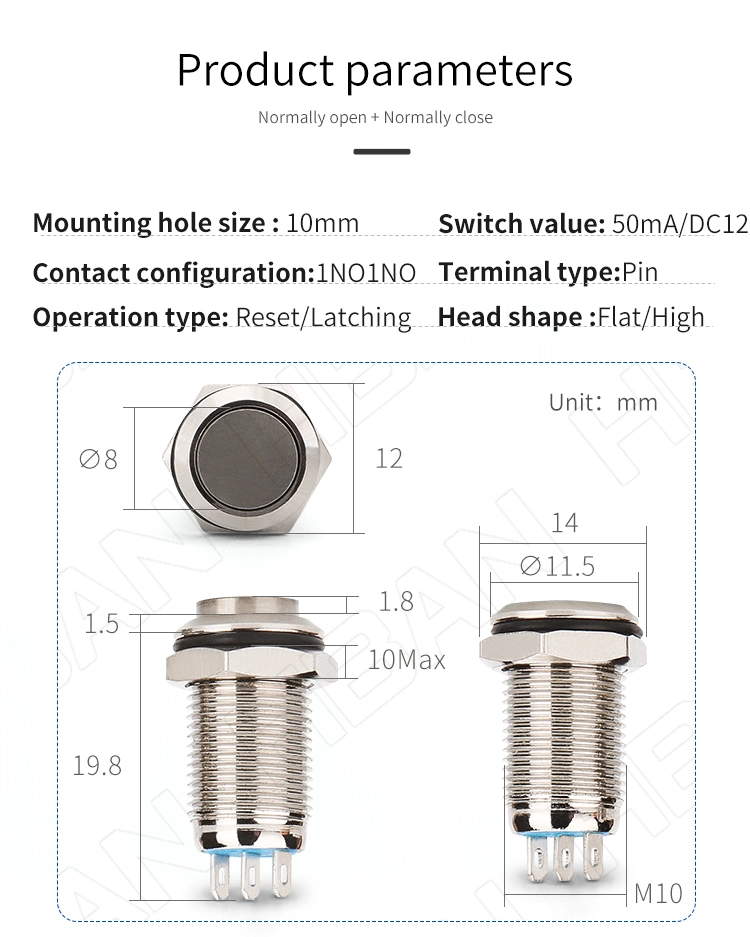 Pin Terminal 10mm Latching Push Button 1no1nc High Head Metal Small Switch